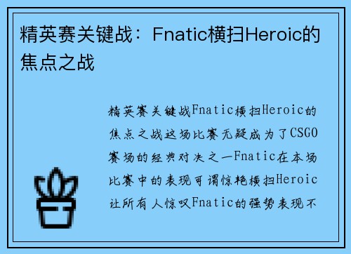 精英赛关键战：Fnatic横扫Heroic的焦点之战